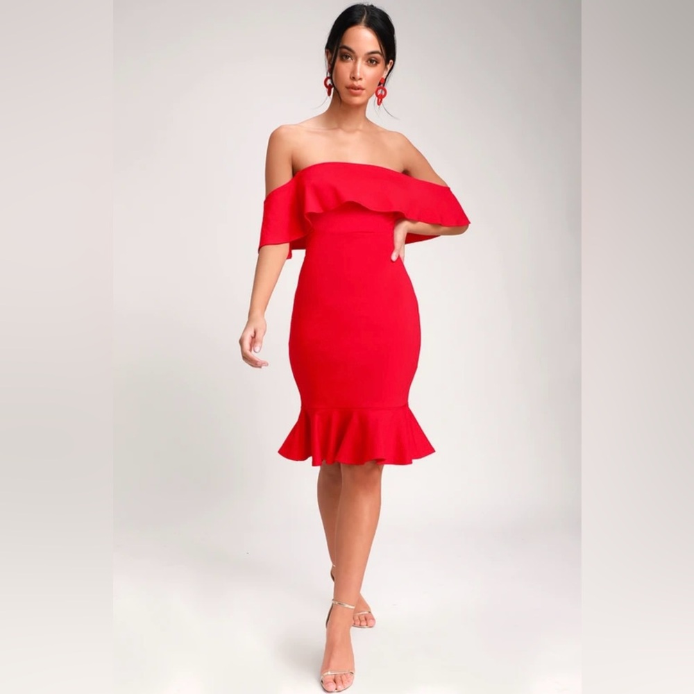 Lulu’s Confidence Boost red off the shoulder dress